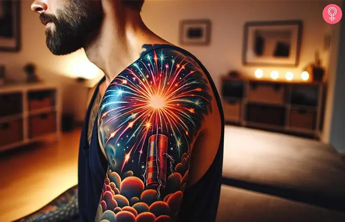 Traditional firecracker tattoo on the shoulder of a man