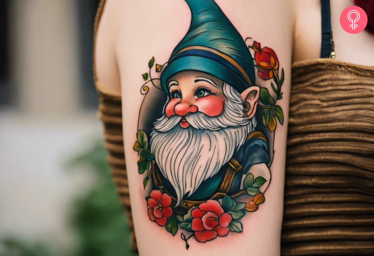 A traditional gnome tattoo on the upper arm