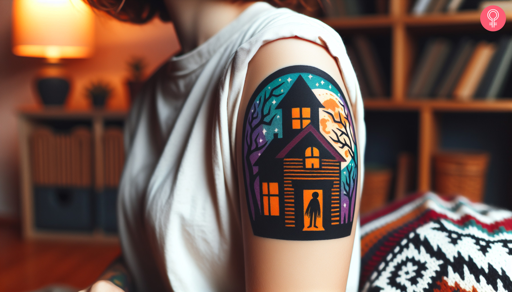 Traditional haunted house tattoo on the upper arm