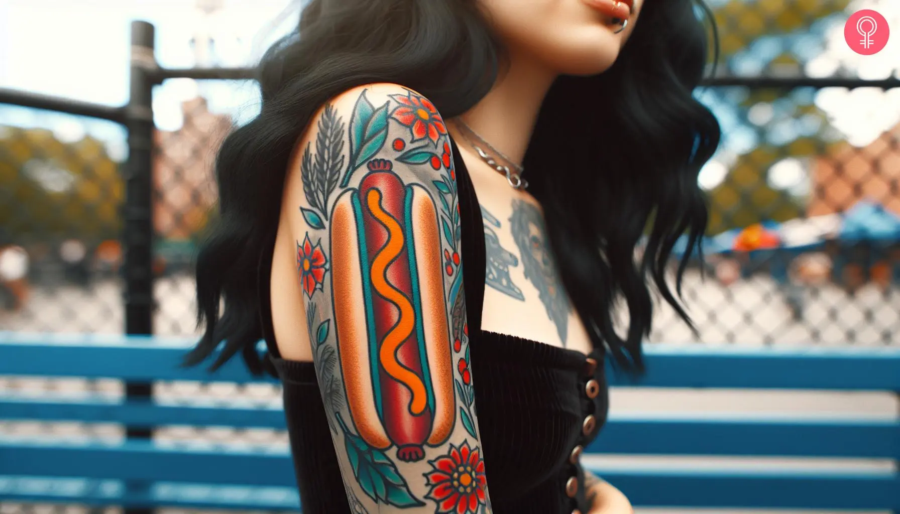 Woman with traditional hot dog tattoo on her arm