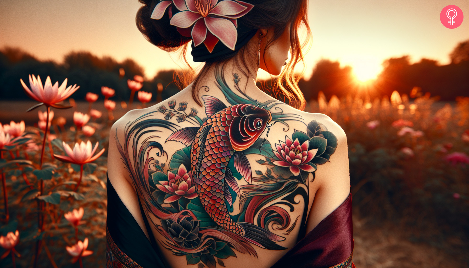 Traditional Japanese back tattoo featuring koi fish