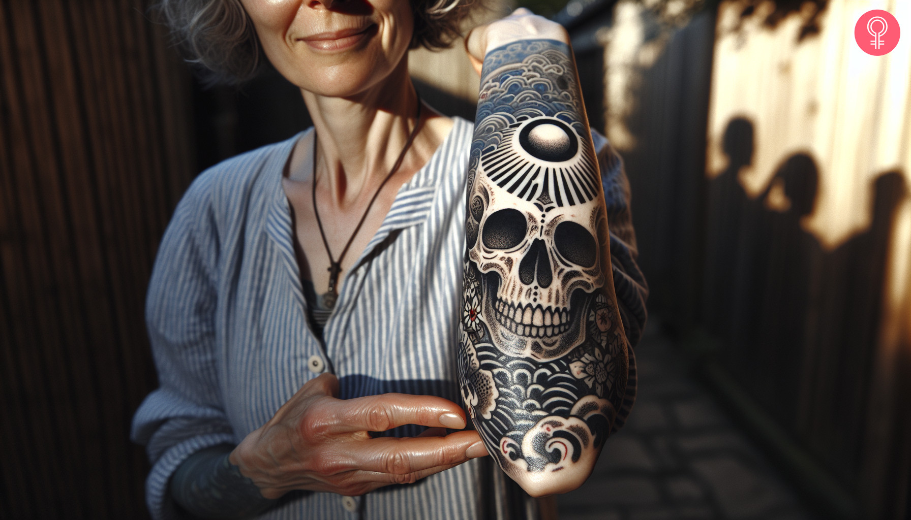 Traditional japanese skull tattoo on the forearm of a woman