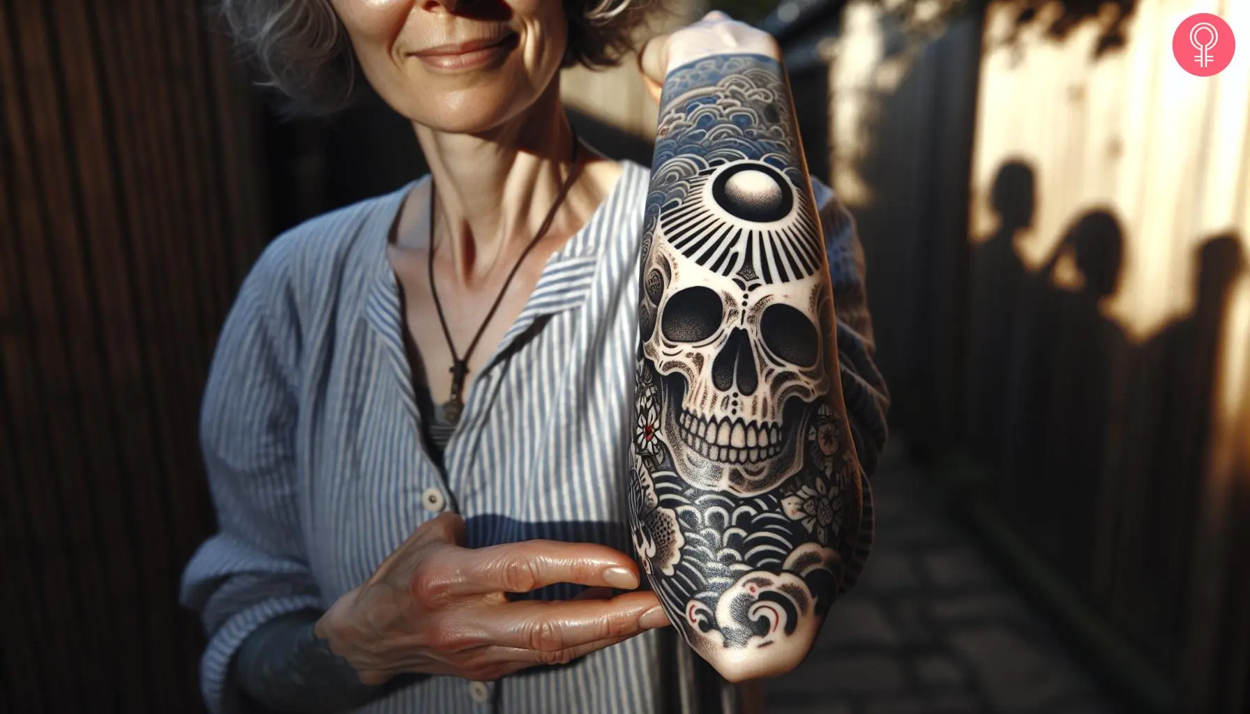 Traditional japanese skull tattoo on the forearm of a woman