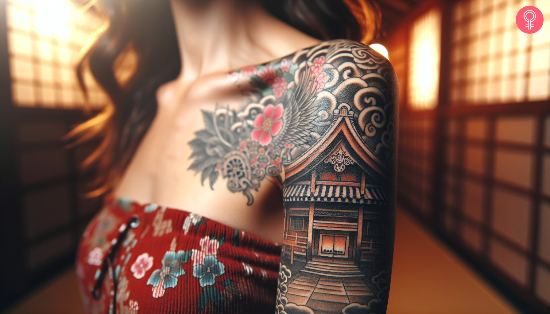 Traditional Japanese temple tattoo on the arm of a woman