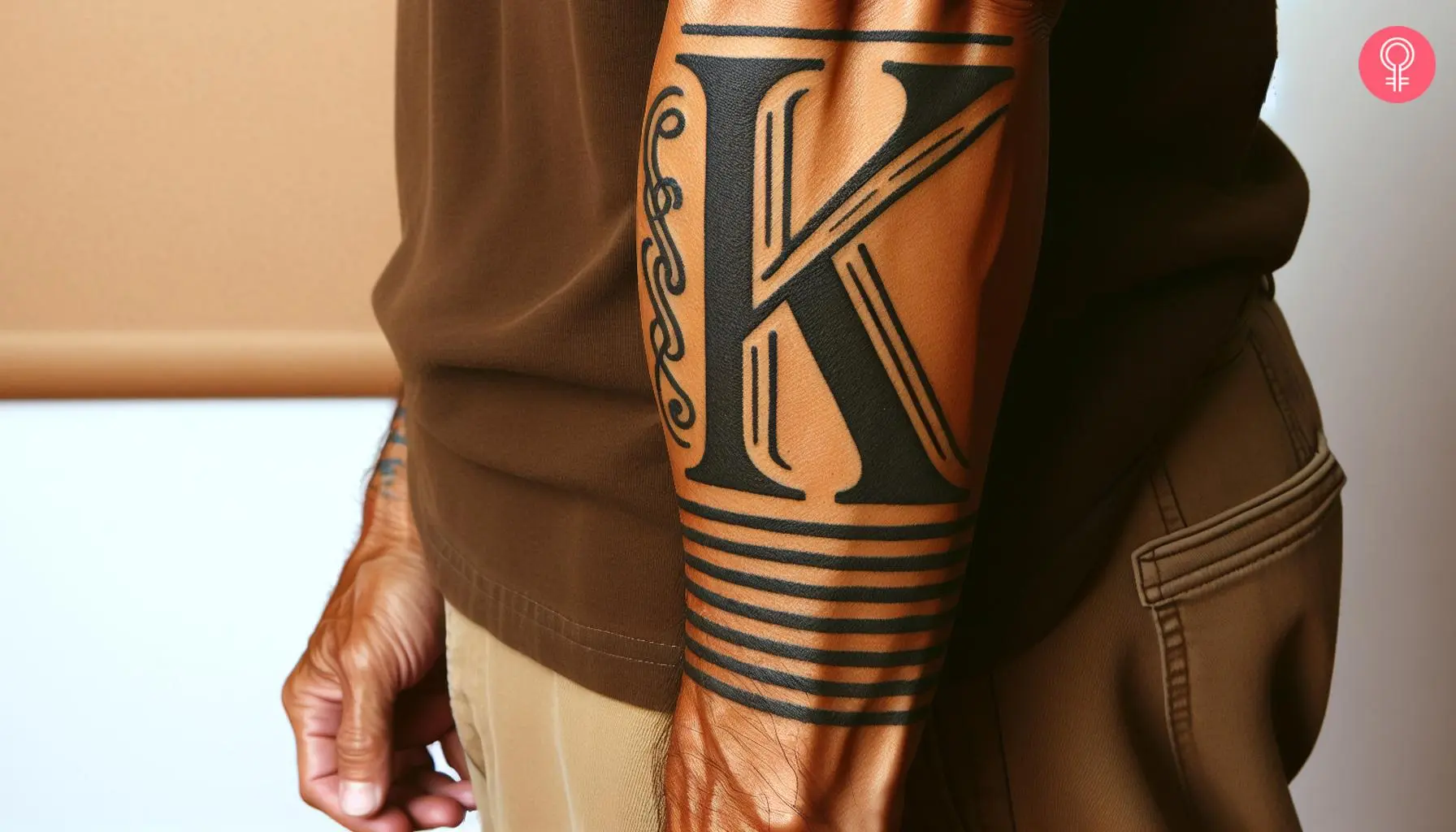 Traditional K tattoo on the forearm.