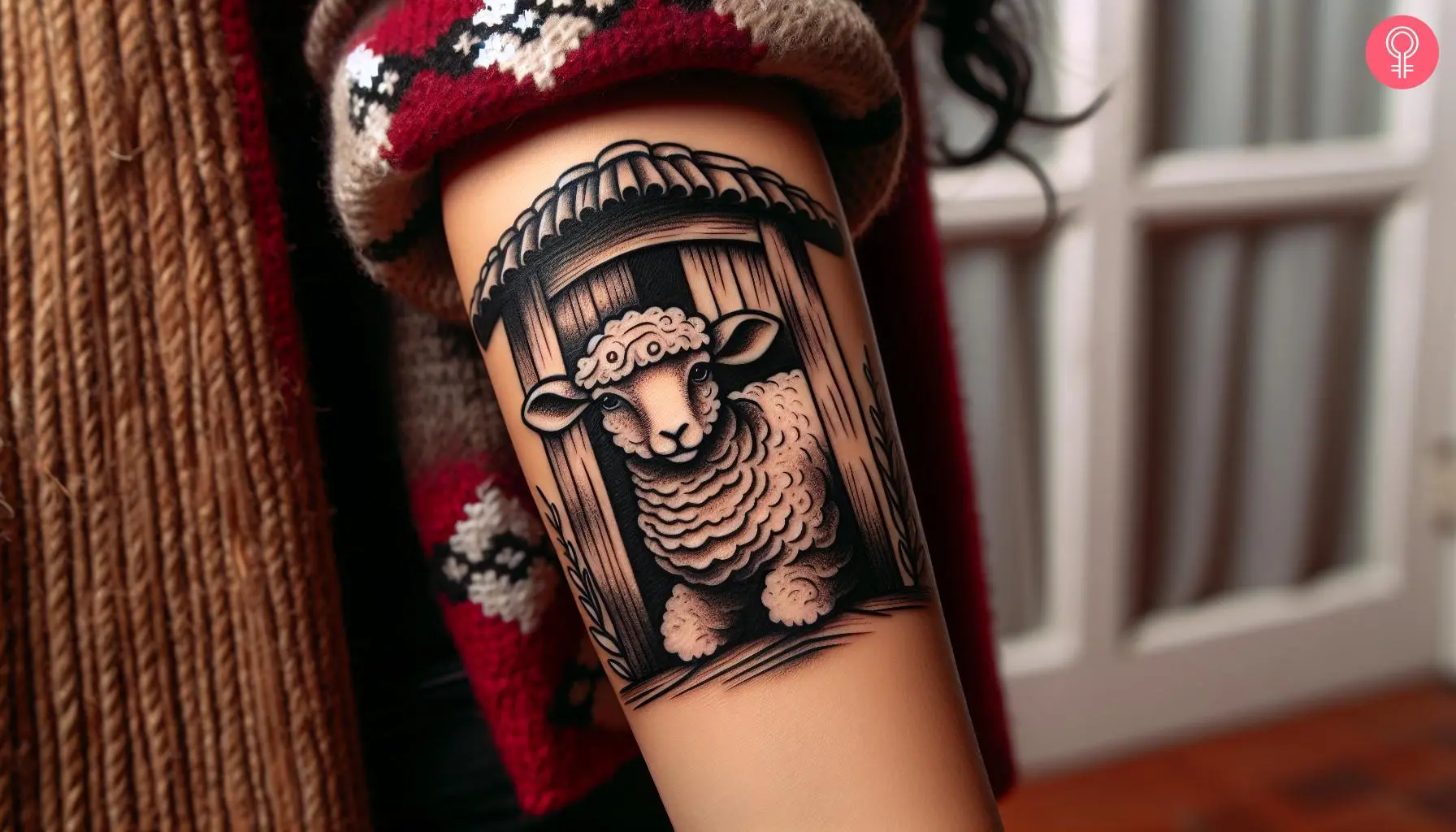 A woman with a traditional lamb tattoo on her arm