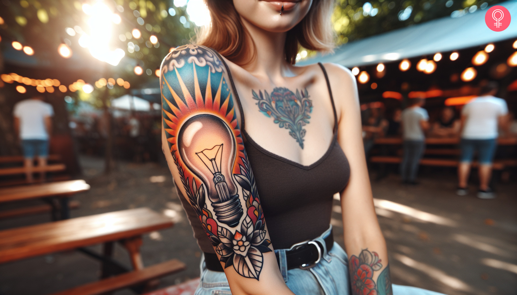 Traditional lightbulb tattoo on a woman’s sleeve