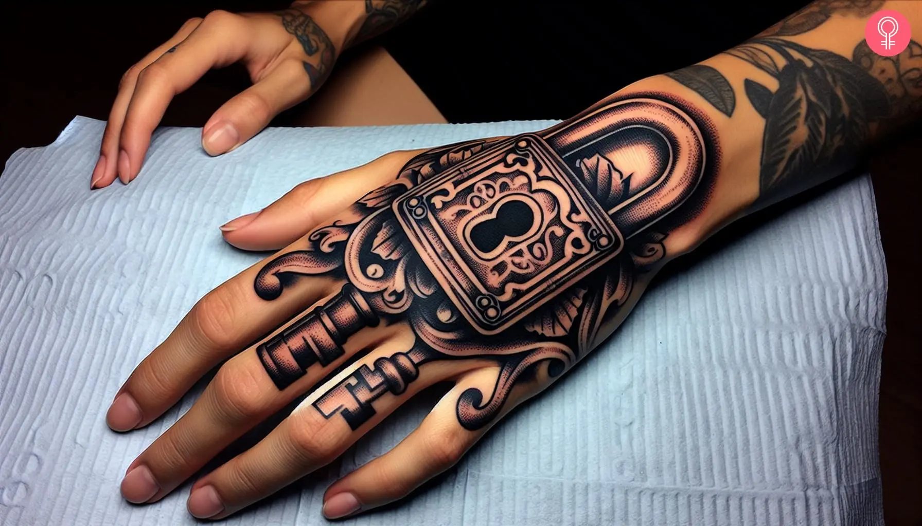 Woman with traditional lock tattoo on her hand