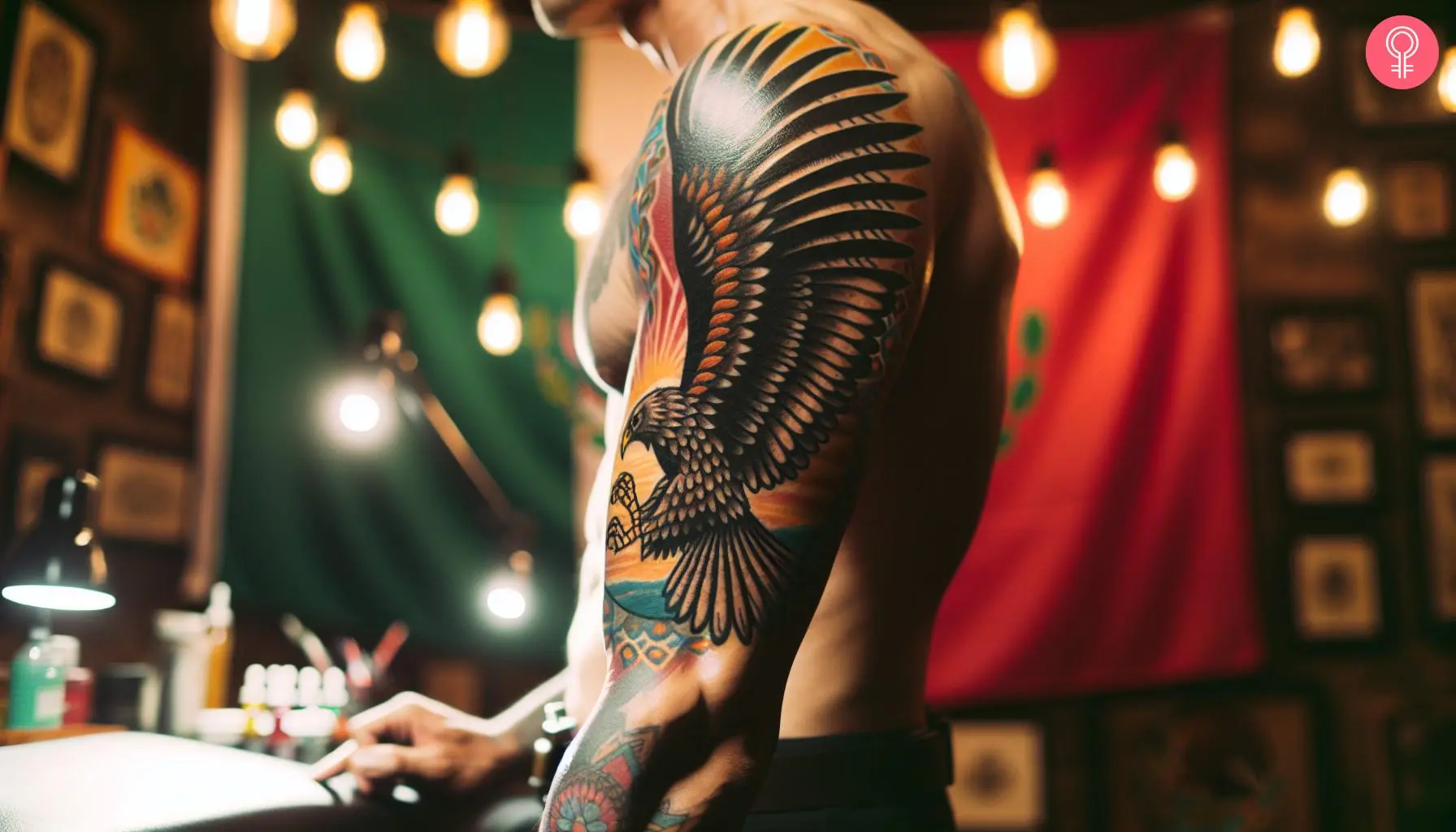 Traditional Mexican eagle tattoo on the arm of a man