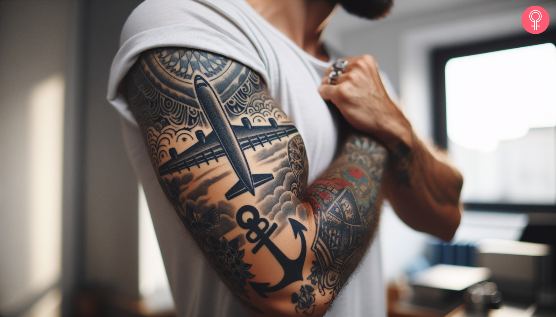 A bicep tattoo featuring a plane soaring through the clouds and an anchor