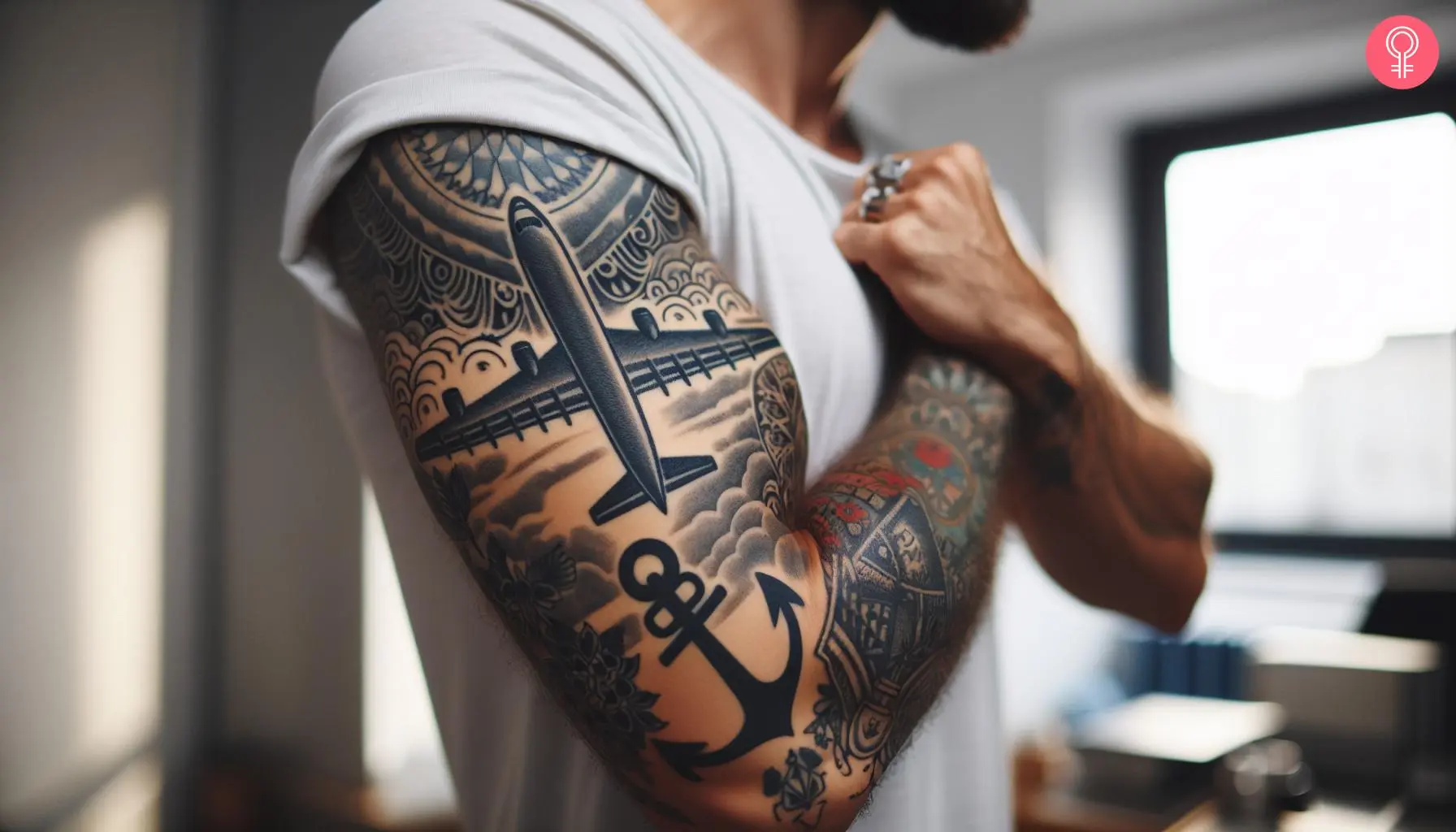 A bicep tattoo featuring a plane soaring through the clouds and an anchor