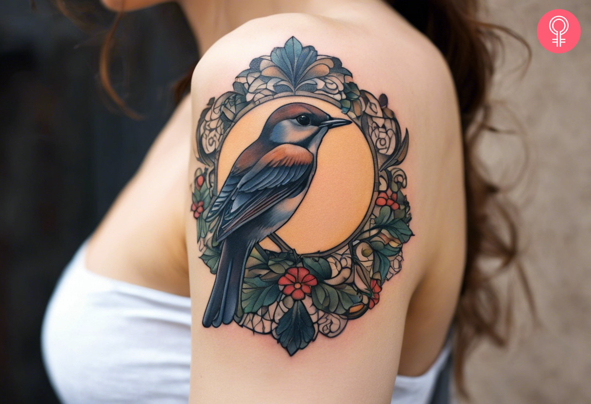 Traditional nightingale tattoo on a woman’s upper arm