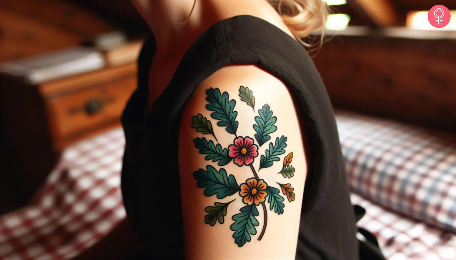 Traditional oak leaf with flowers tattooed on the shoulder