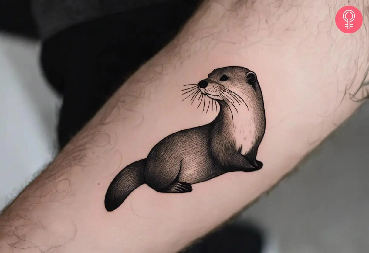 A traditional otter tattoo on the forearm of a woman