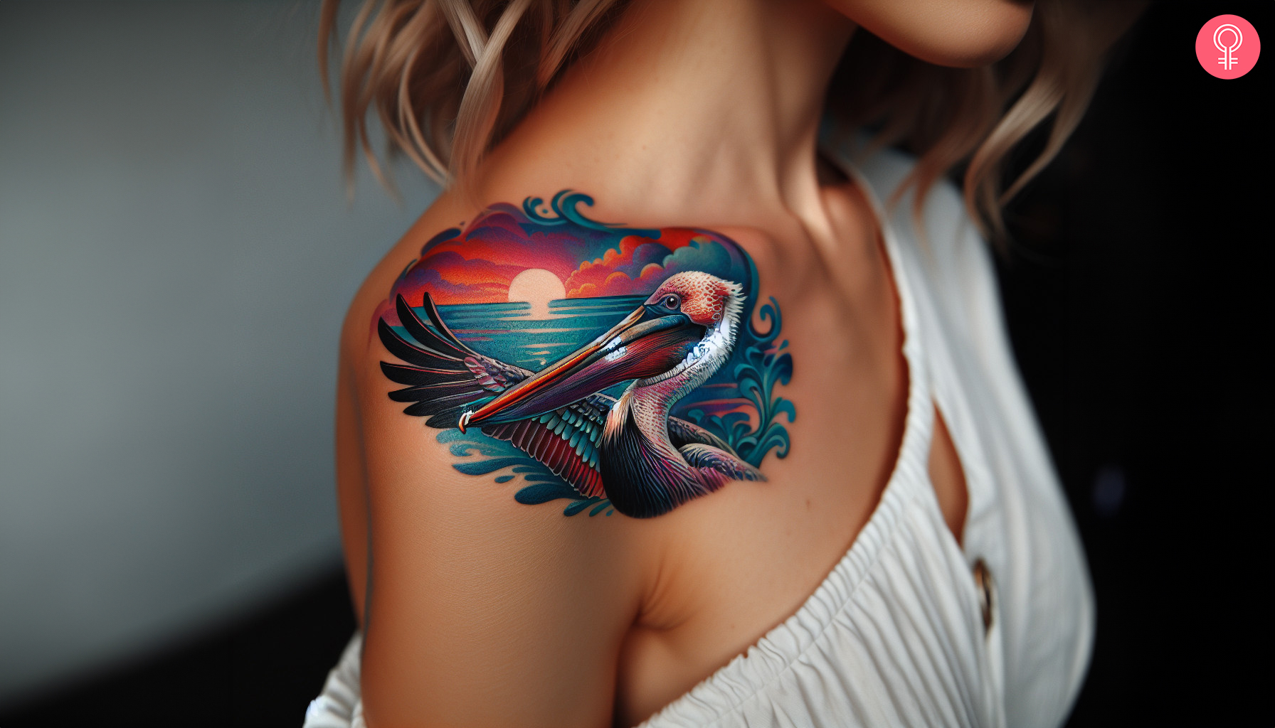 A traditional Pelican tattoo on a woman’s shoulder