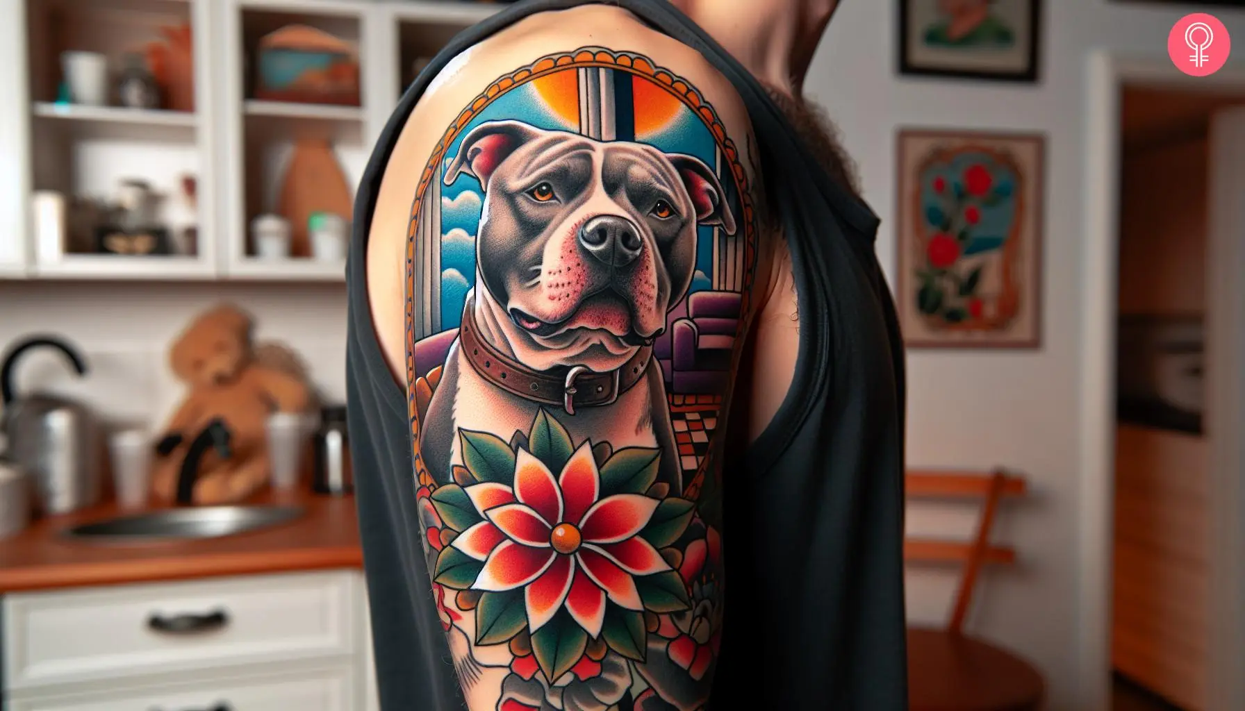 Traditional Pitbull tattoo on the upper arm