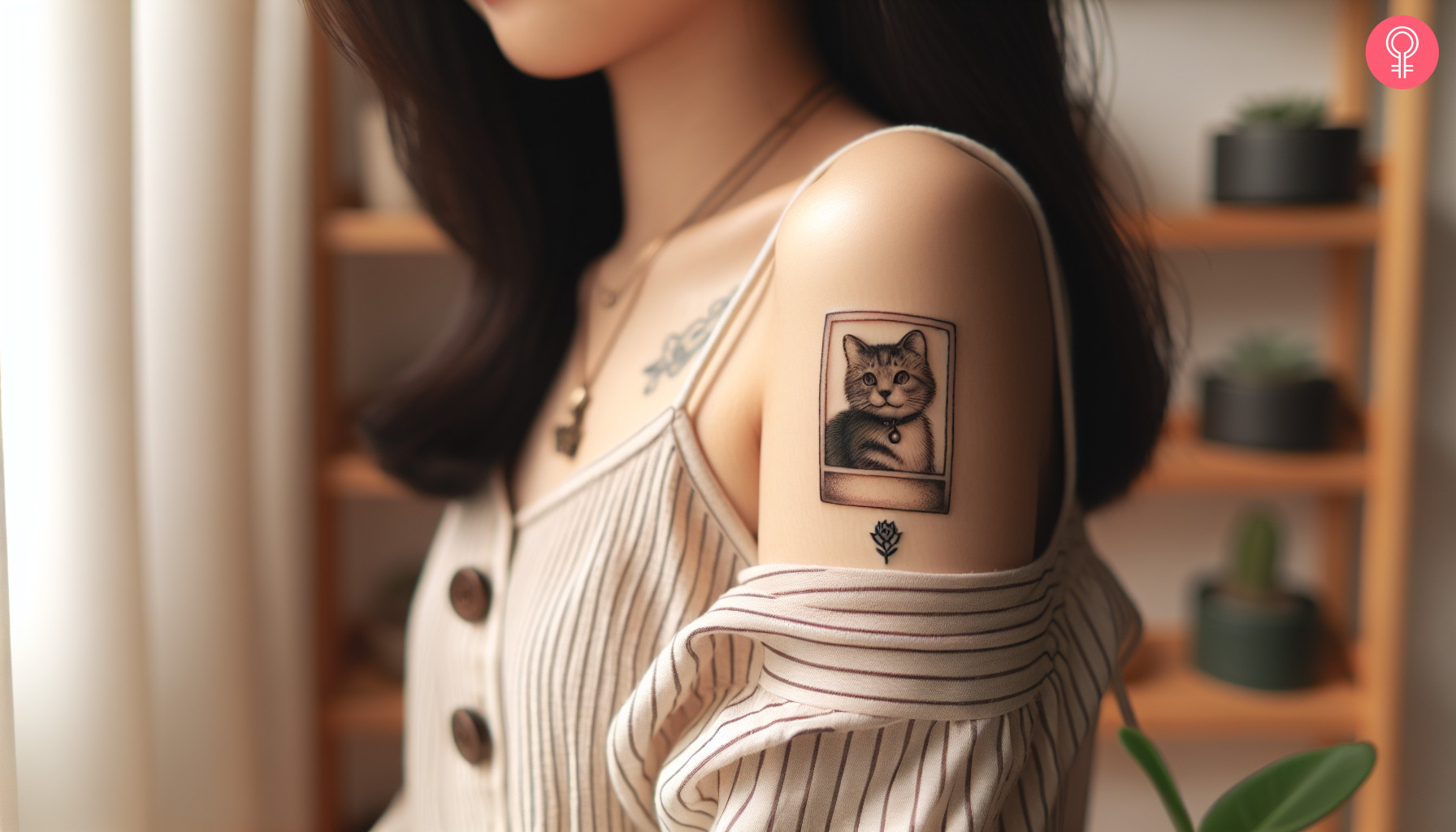 Traditional polaroid tattoo on the upper arm of a woman