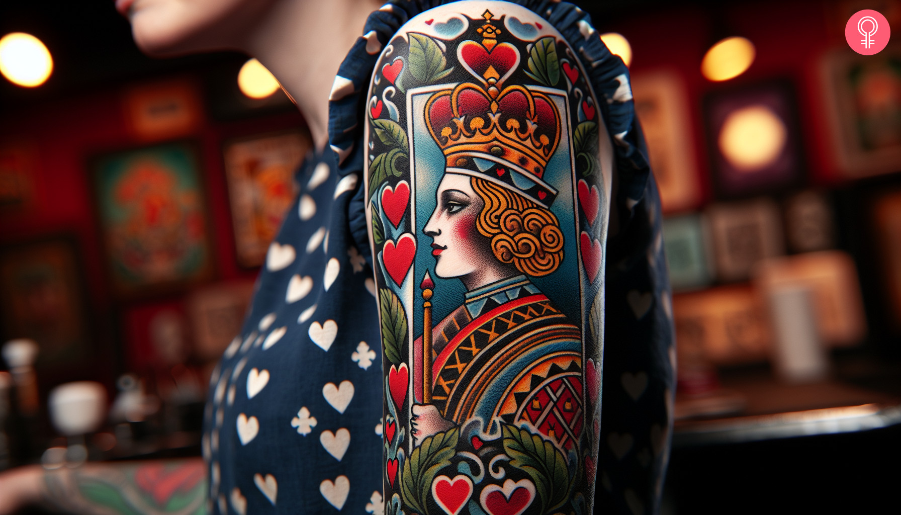 Woman with traditional Queen of Hearts tattoo on her outer arm