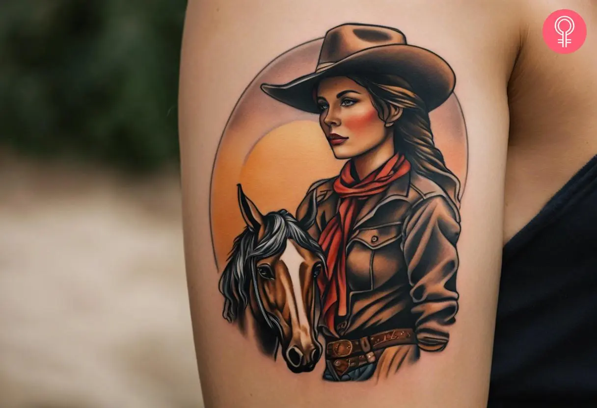 A woman with traditional rodeo tattoo on her upper arm