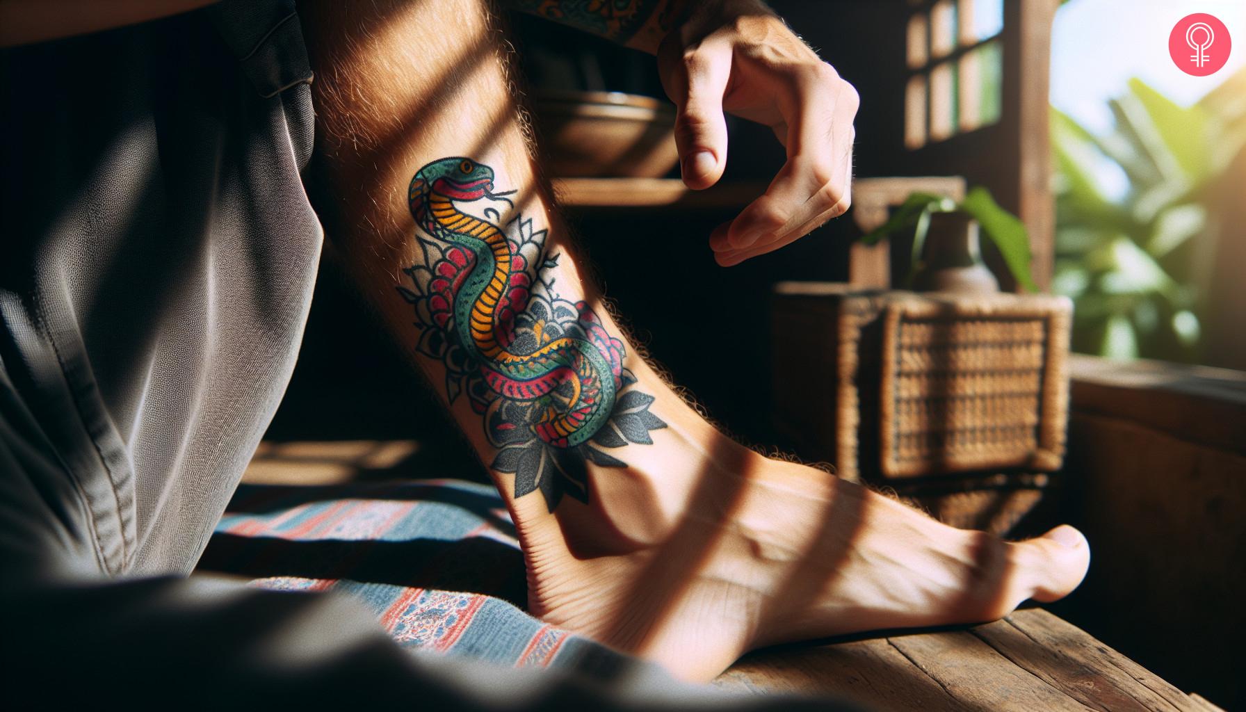 Traditional snake tattoo on a man's ankle