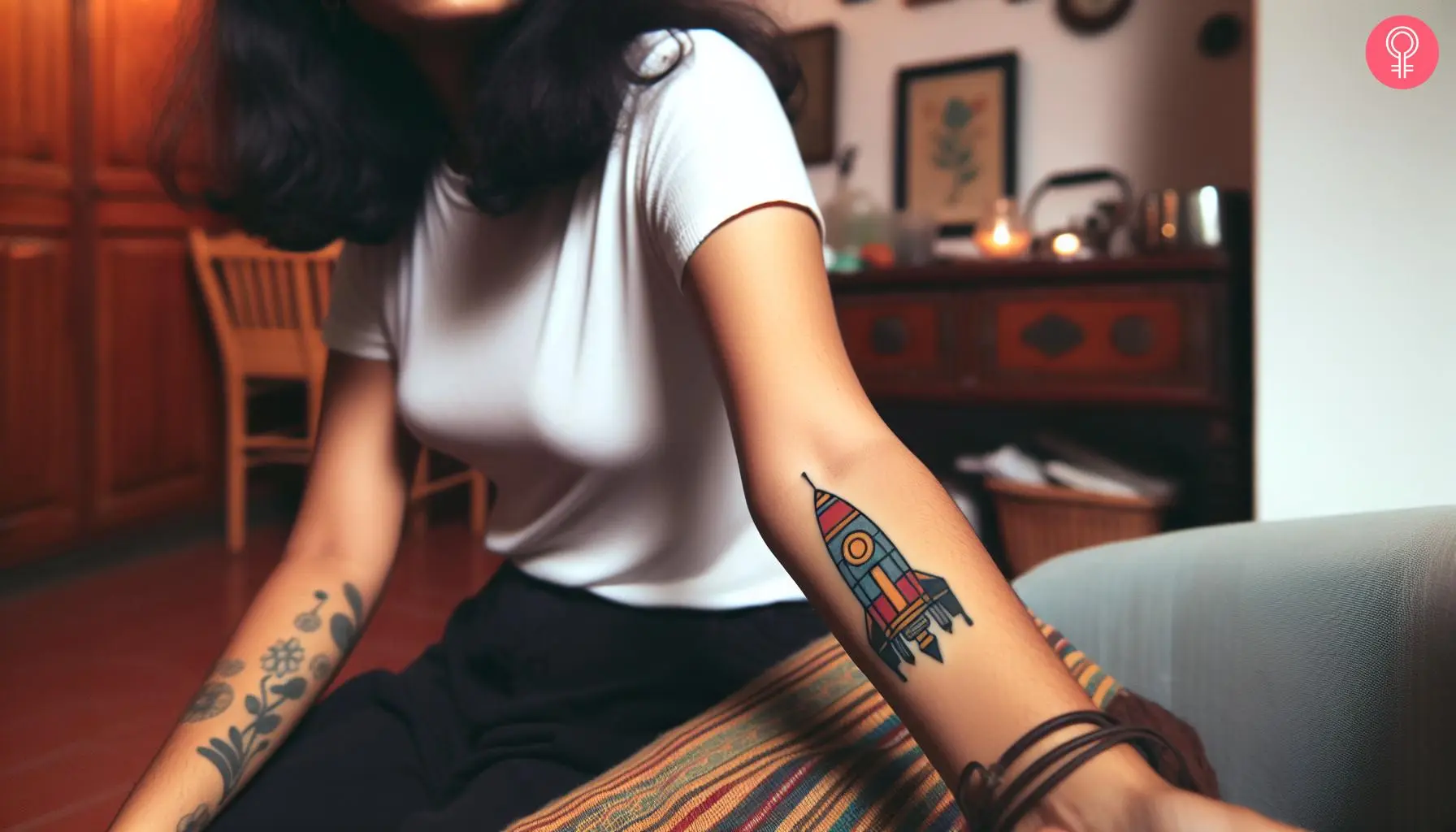 Traditional spaceship tattoo on the forearm of a woman