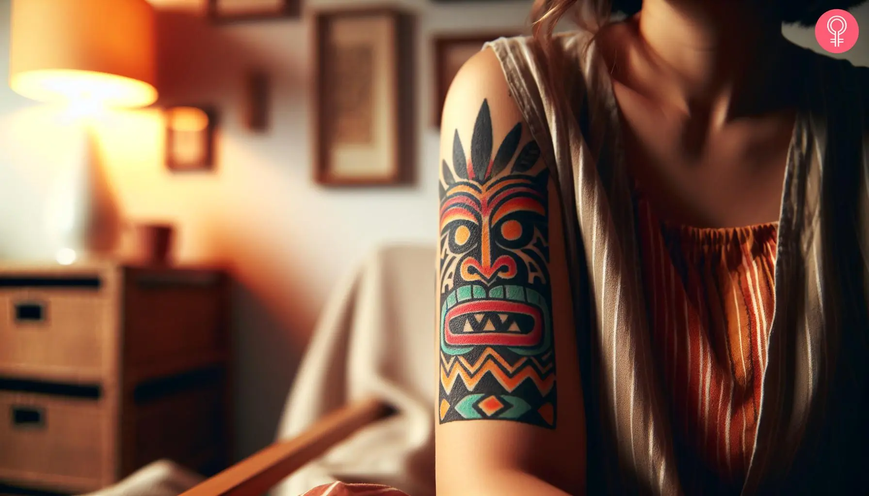 Traditional Tiki tattoo on the upper arm