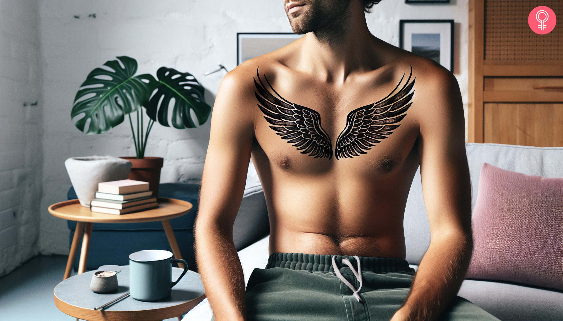 A classic angel wings tattoo on the upper torso