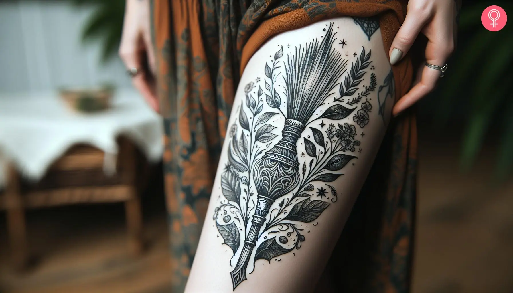 Woman with traditional witch broom tattoo on her thigh