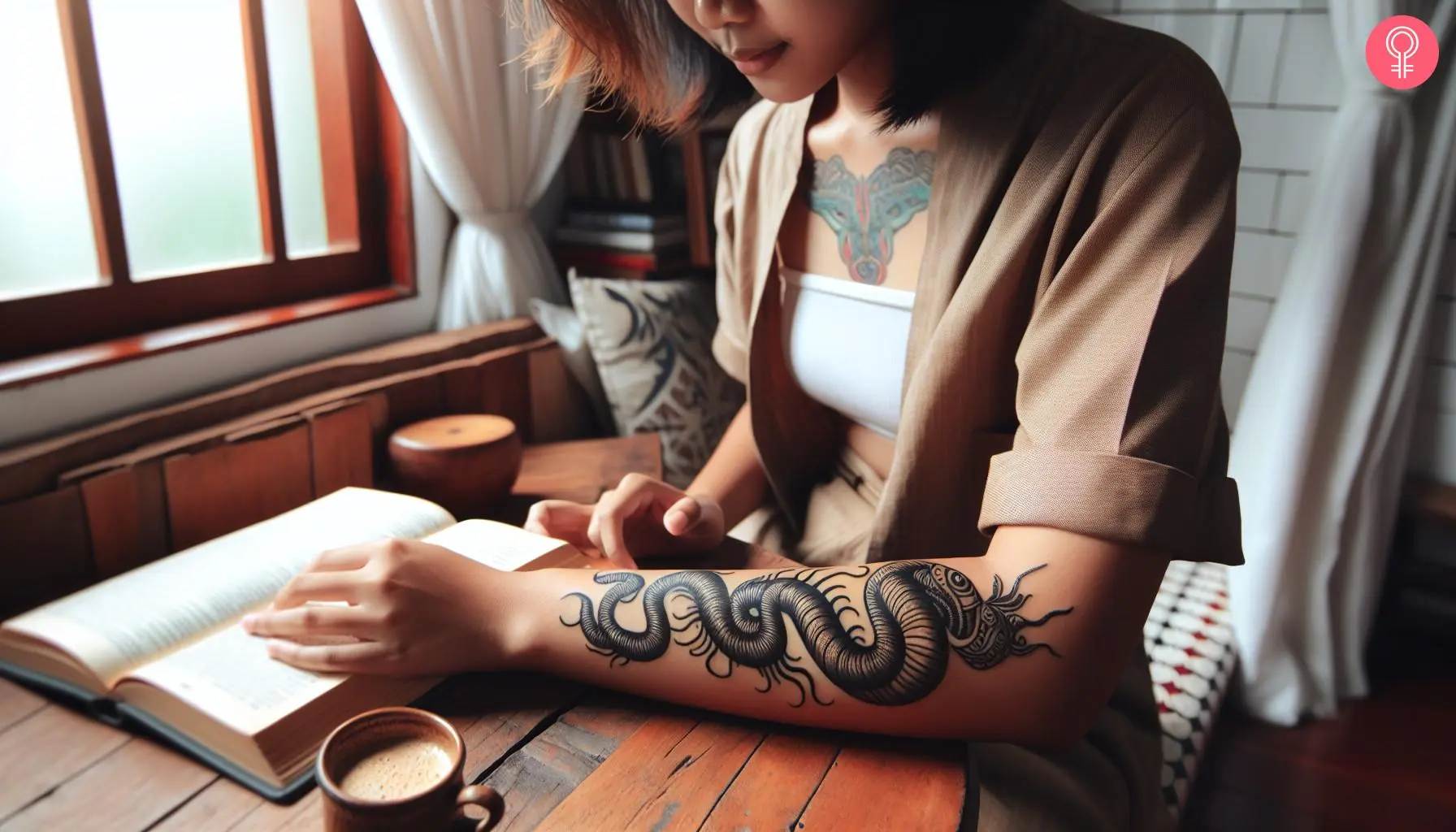 Woman with a traditional worm tattoo on the forearm