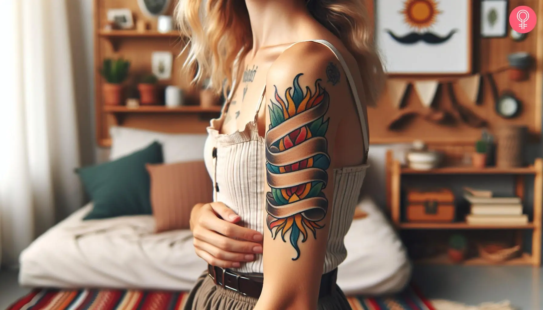 Traditional banner tattoo on the upper arm of a woman