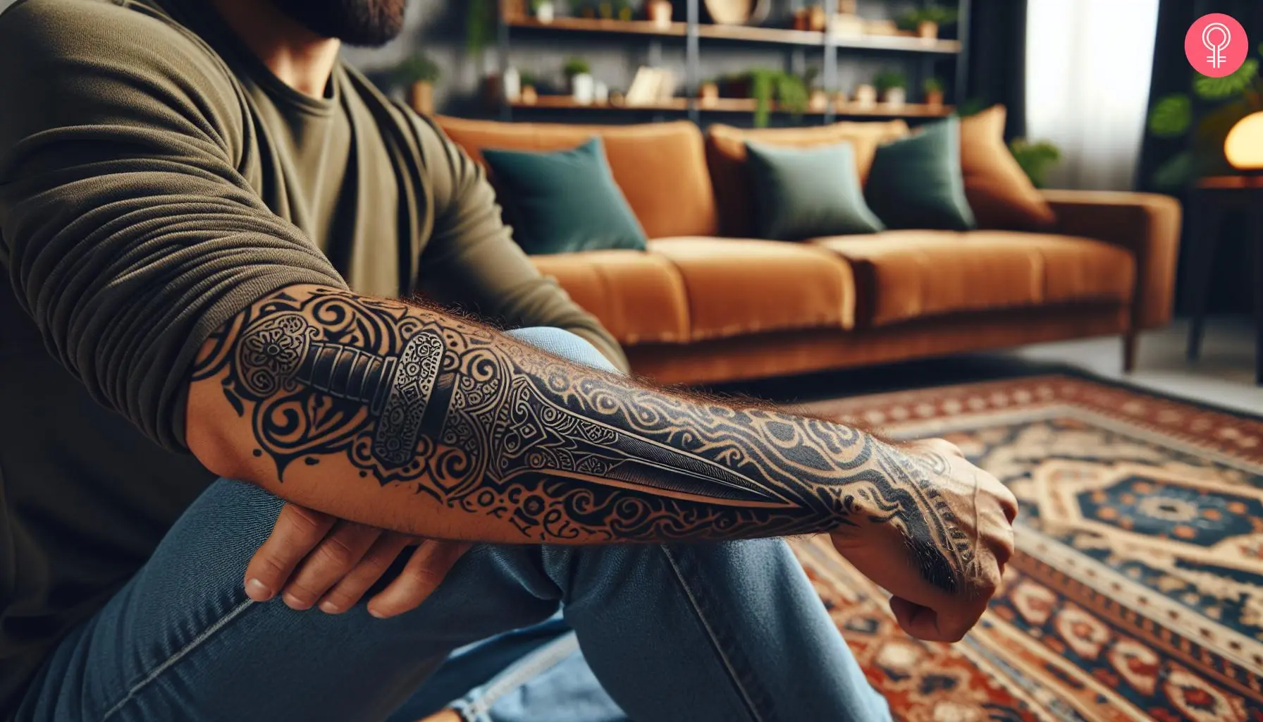 Traditional blade tattoo on the forearm of a man