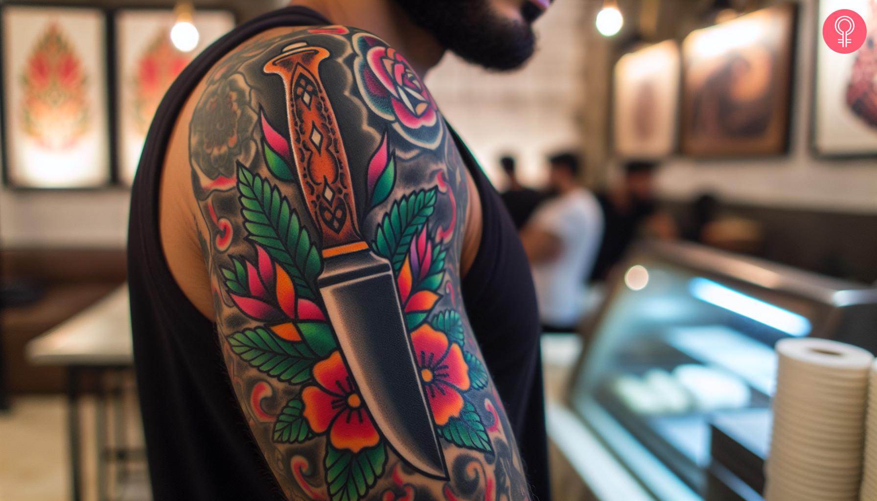 Traditional chef knife tattoo on the arm of a man