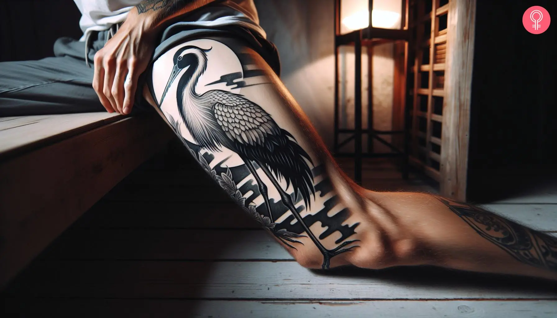 Traditional crane tattoo on the thigh of a man