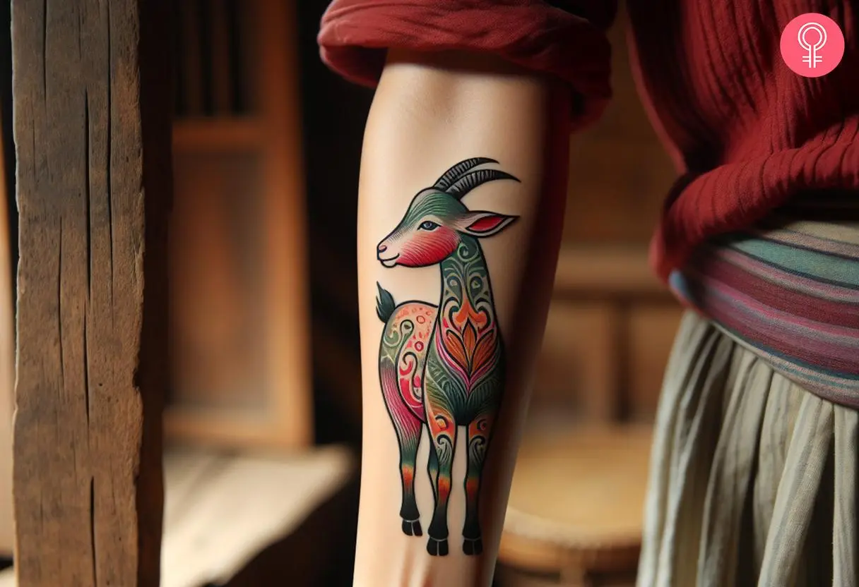 Traditional goat tattoo on the forearm