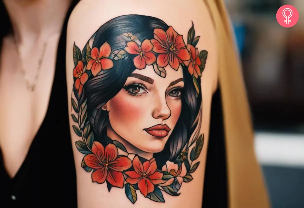 Traditional illustrative portrait tattoo on the upper arm