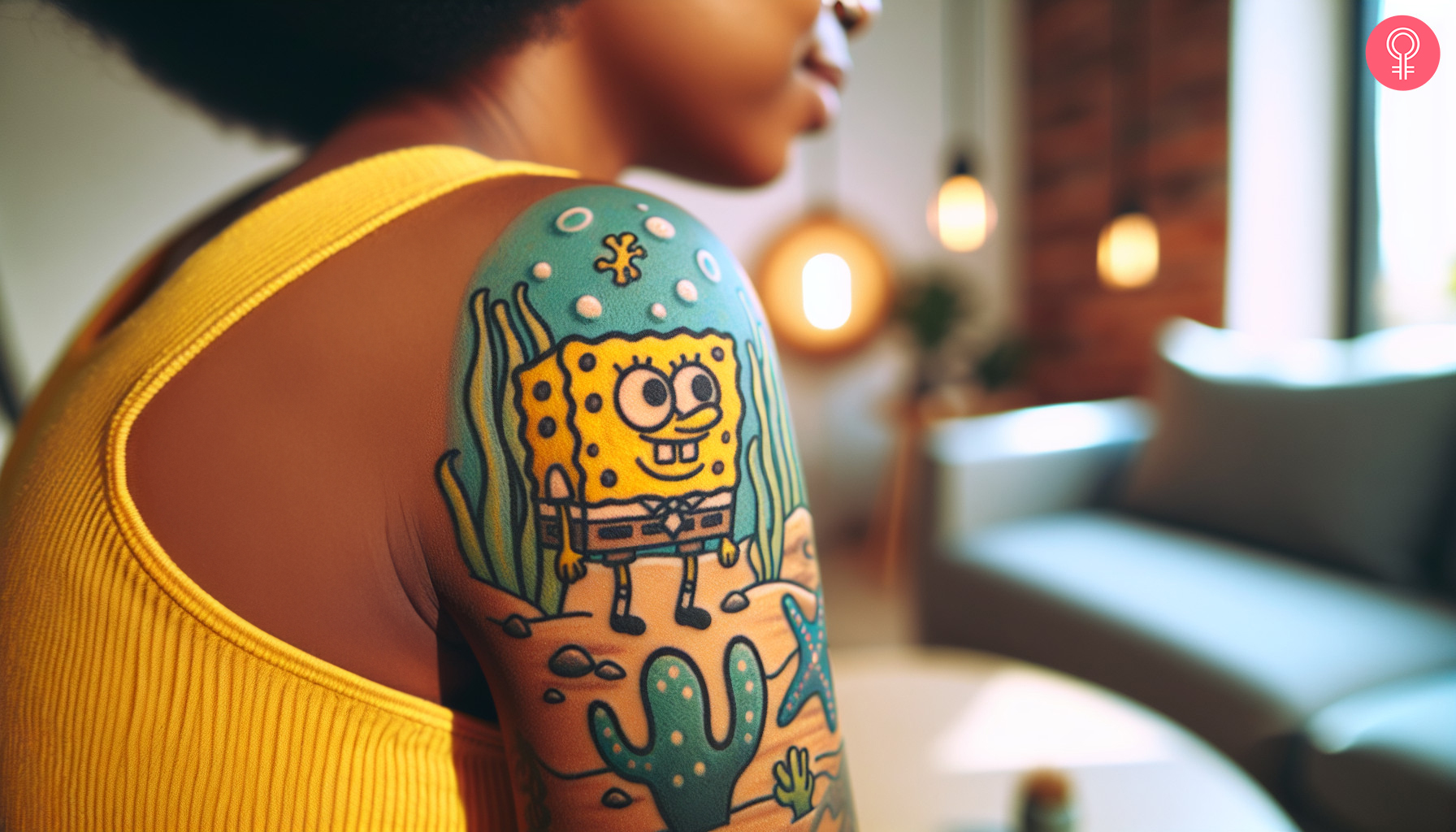 Traditional spongebob tattoo on the upper arm