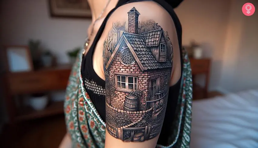 Trap house tattoo on the upper arm