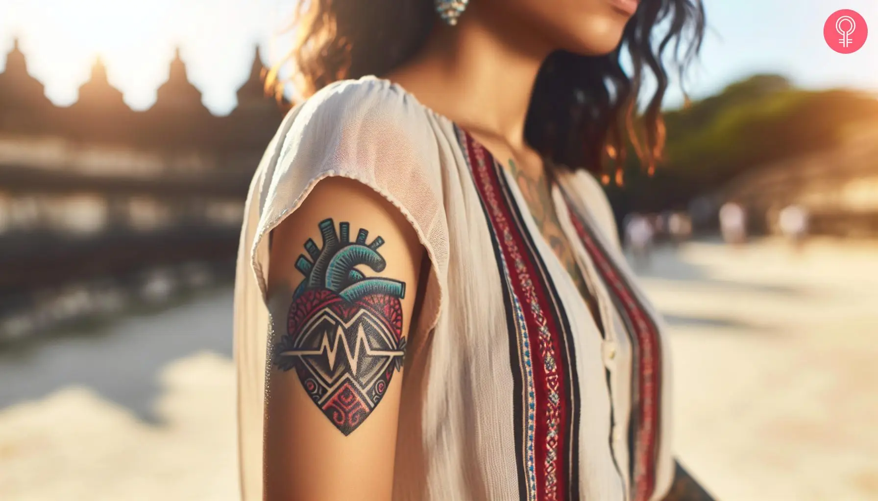 Woman with a trauma bond tattoo on the upper arm