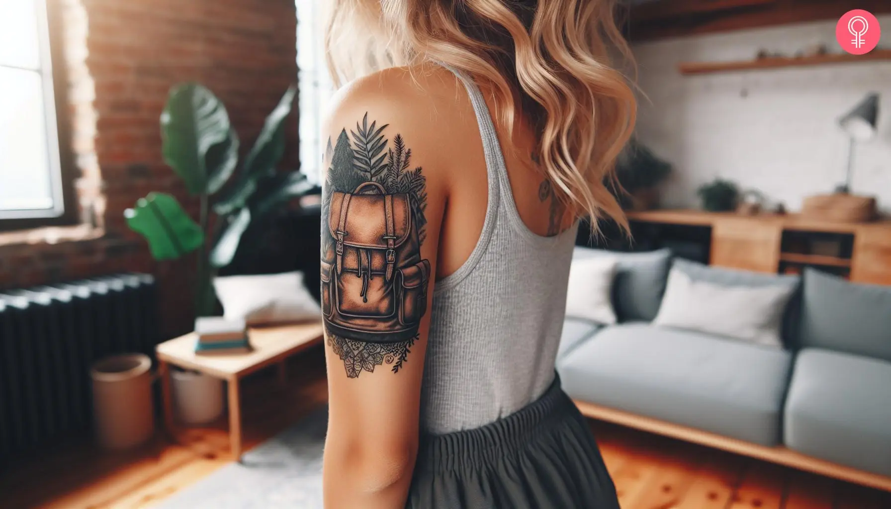 Travel backpack tattoo on the upper arm