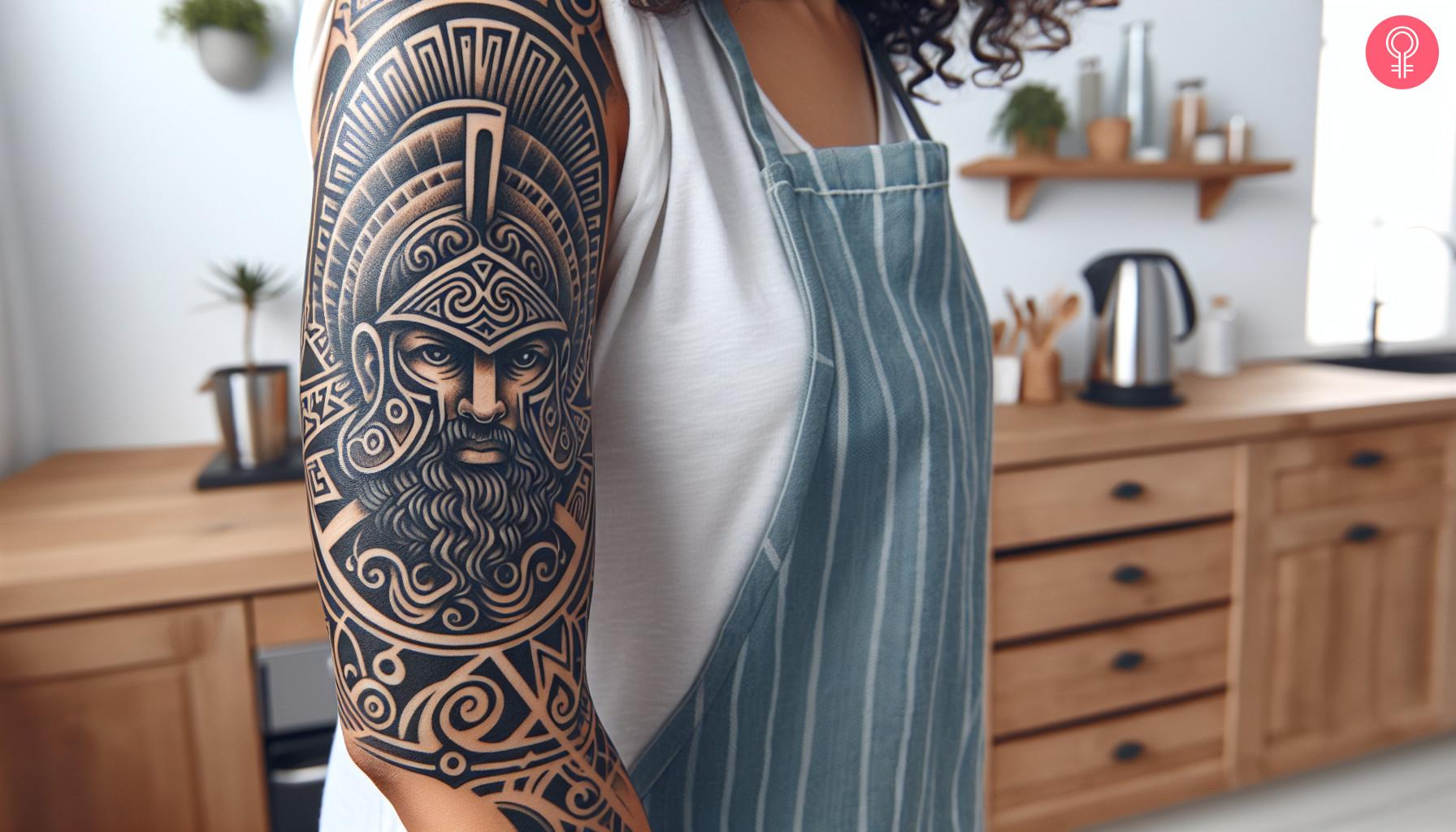 Tribal Ares God of war tattoo on a woman’s arm