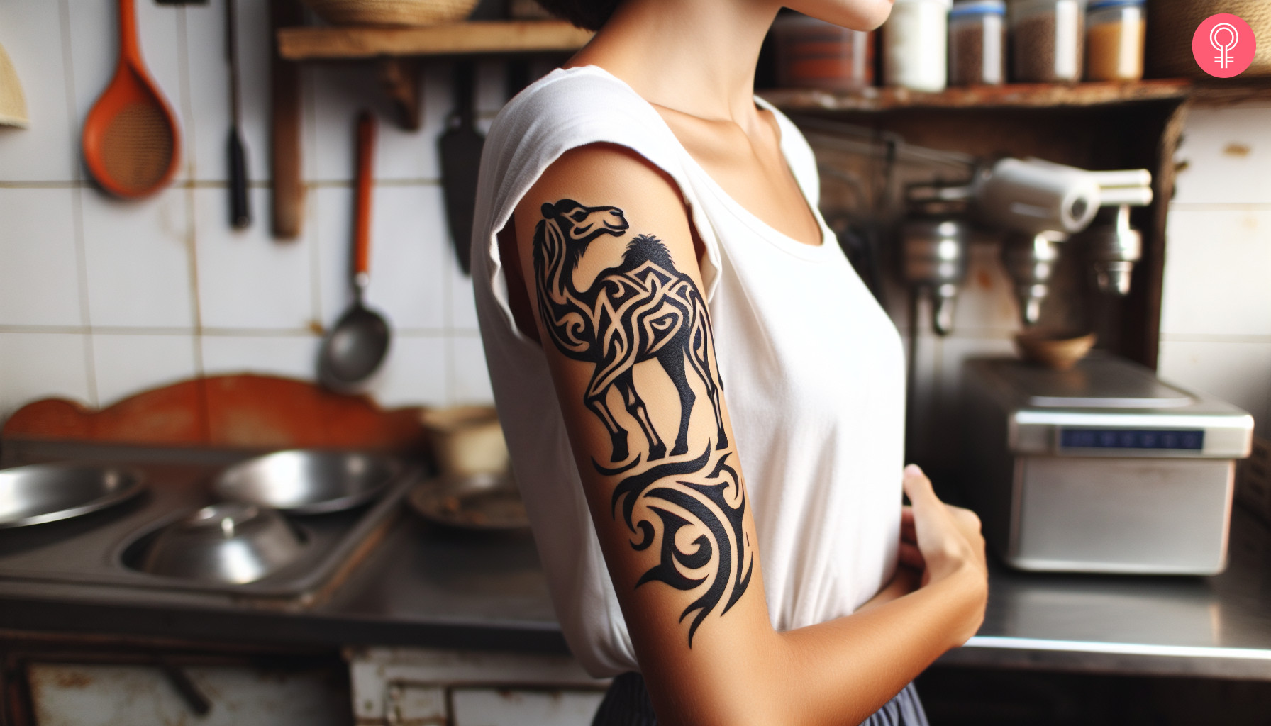 Woman with a tribal camel tattoo on the upper arm