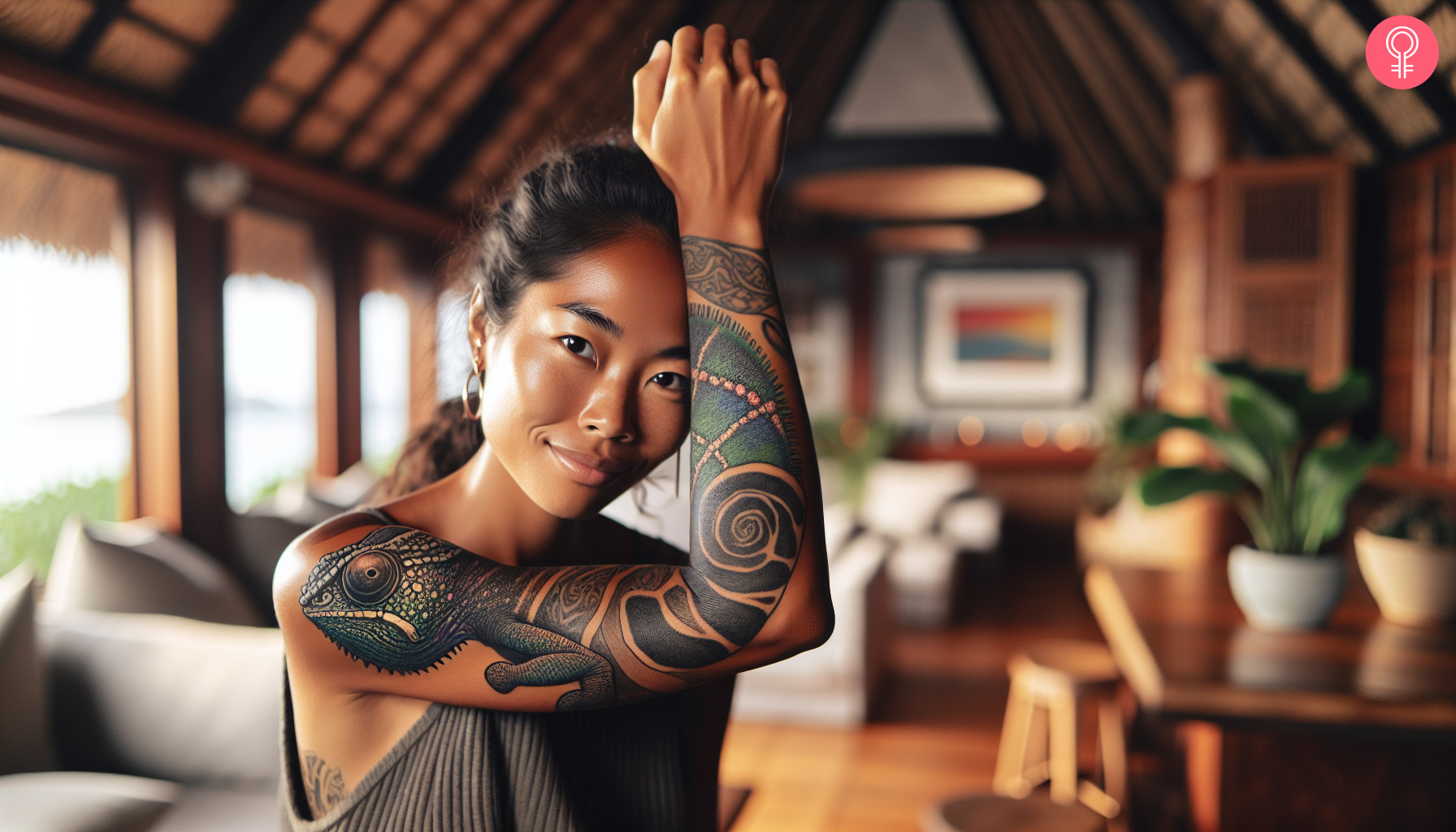 A tribal chameleon tattoo on a woman’s arm