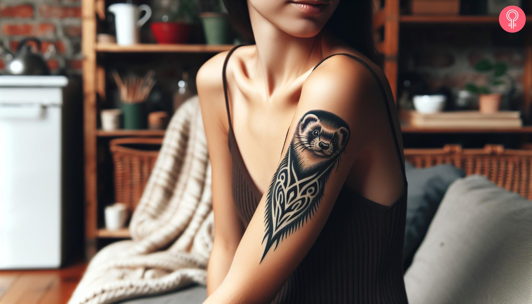 Tribal ferret tattoo on the upper arm