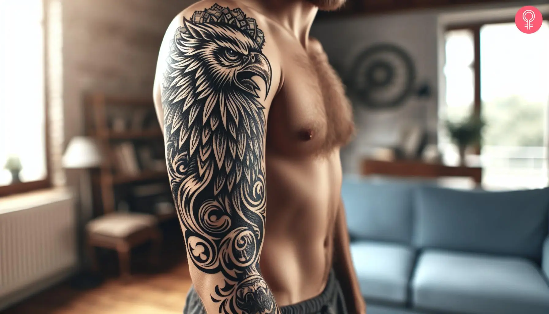 A realistic griffin head tattoo on a man’s shoulder