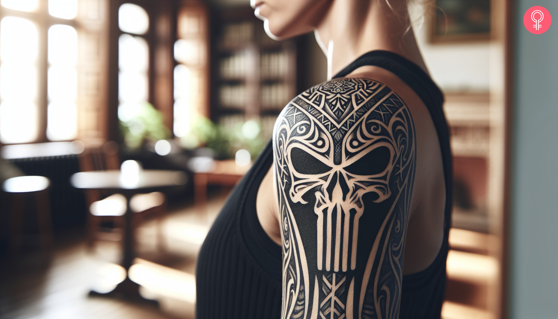 Tribal Punisher skull tattoo on the shoulder of a woman