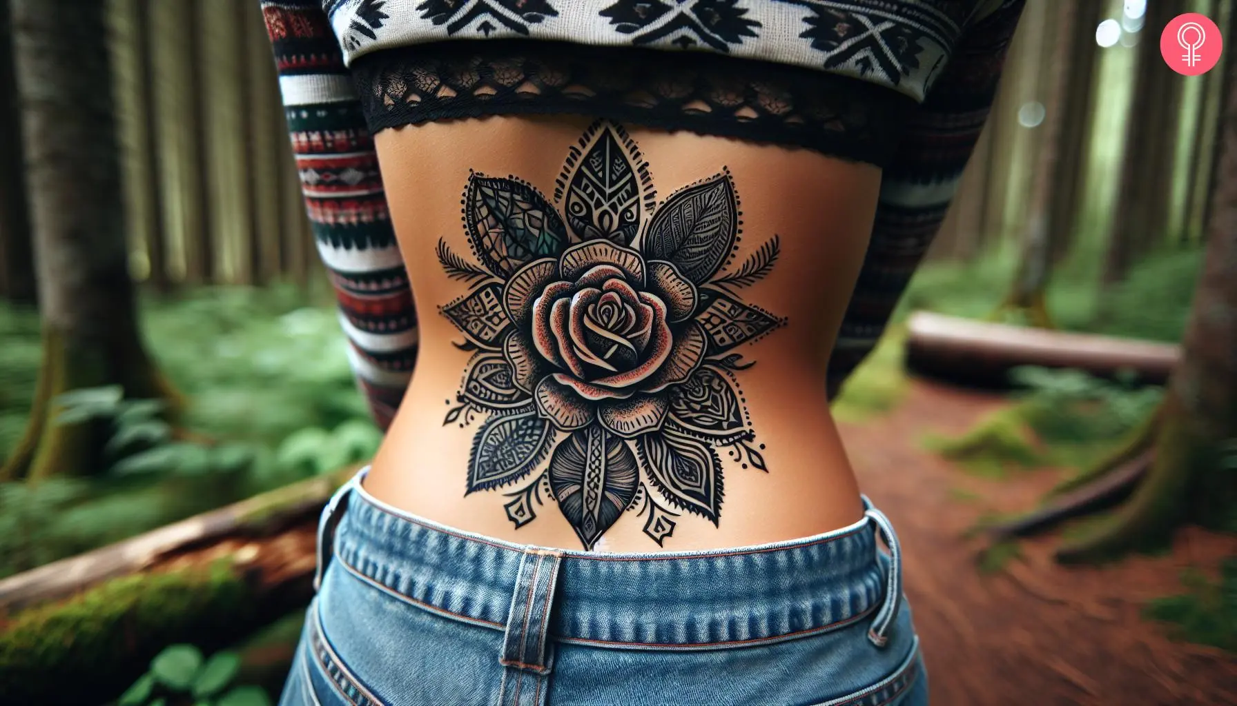 Tribal rose lower back tattoo on a woman