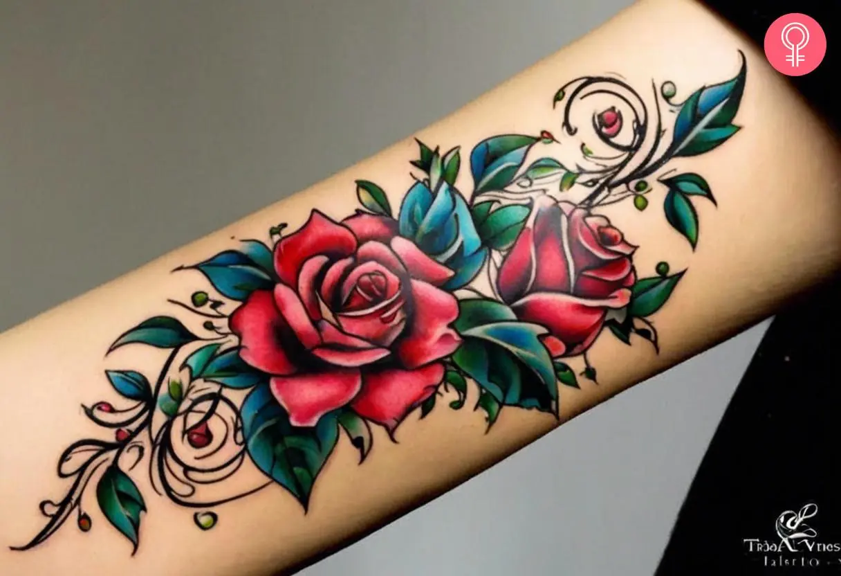 Tribal rose vine tattoo design on the forearm of a woman