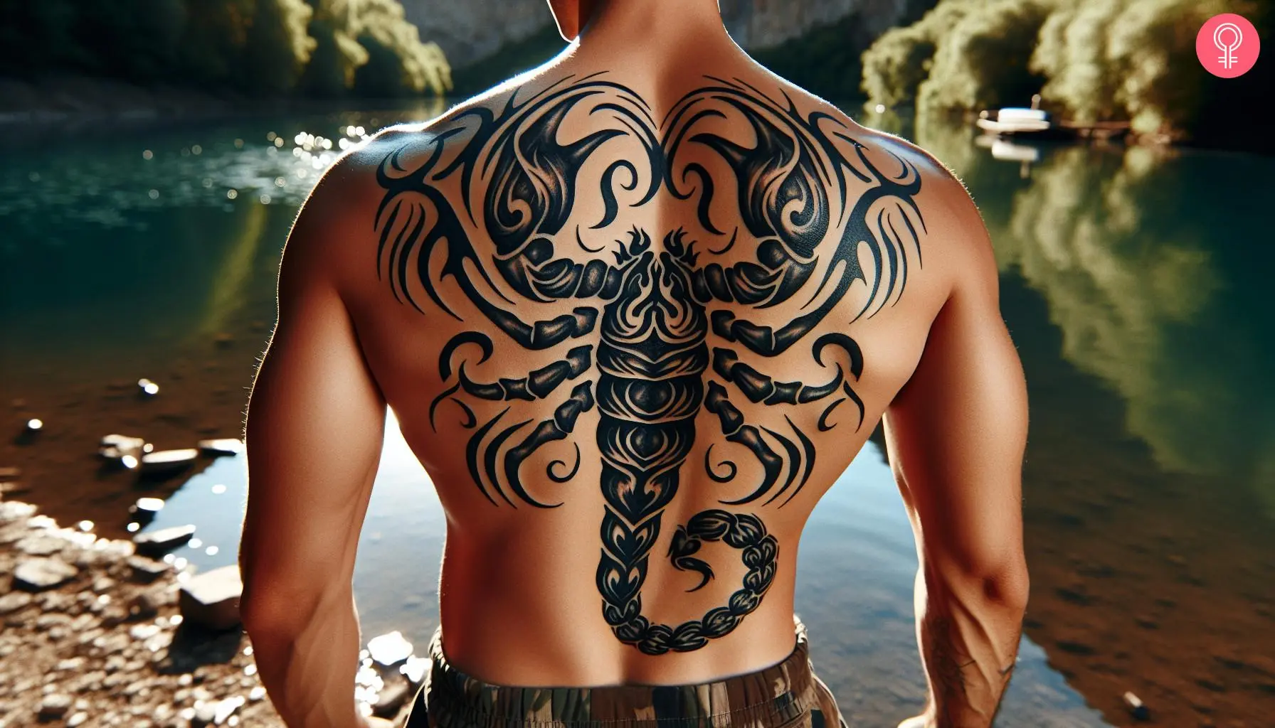 A tribal scorpion tattoo on a man’s back