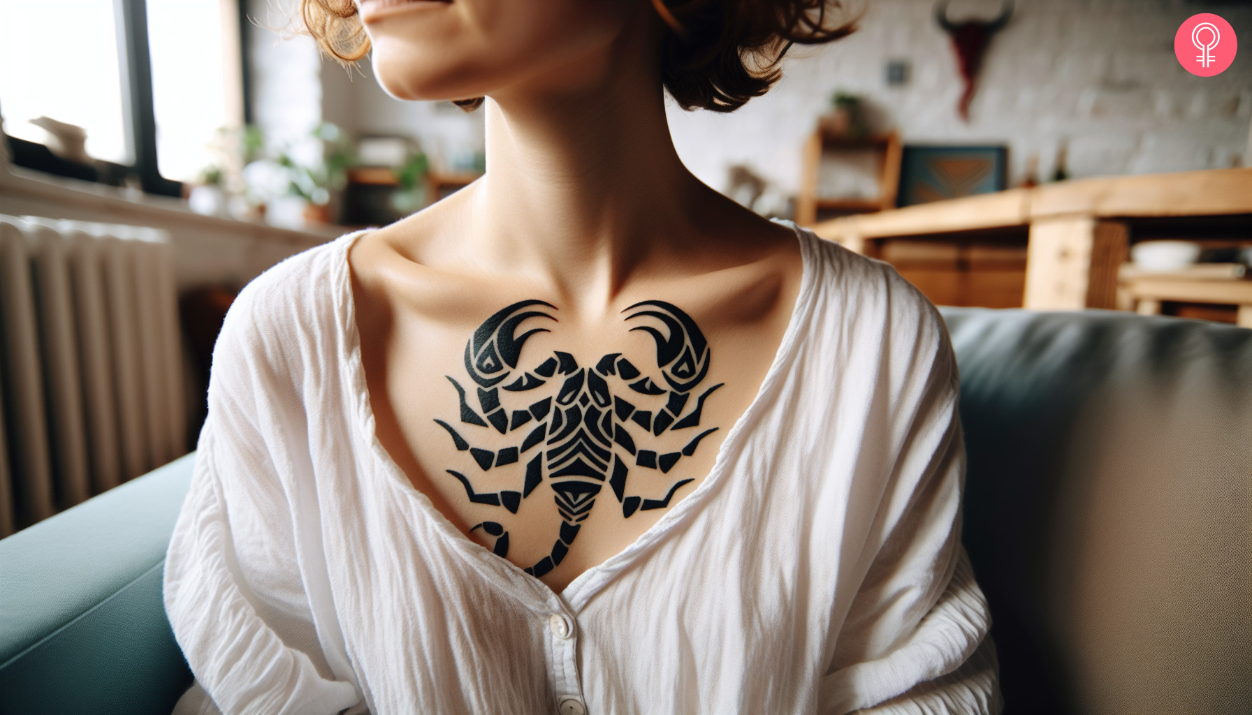 A tribal scorpion tattoo on a woman’s chest