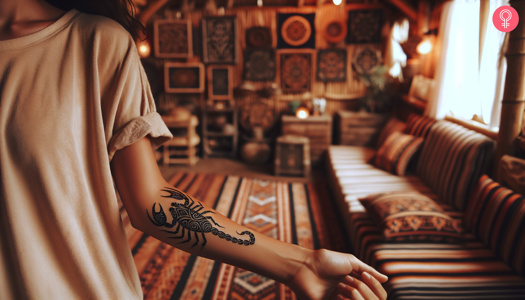 A tribal scorpion tattoo on a woman’s forearm